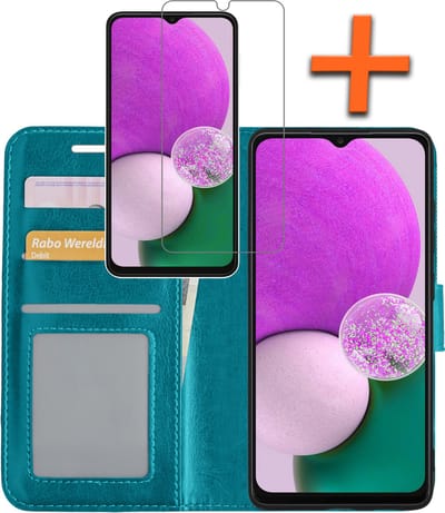 Hoes - Met Screenprotector - Geschikt voor Samsung Galaxy A13 4G - Luxe Pasjeshouder - Bookcase Portemonee - Flip Case - Kunstleer Book Case - Flipcase - Book Cover - Walletcase - PortemonneeHoes - Turquoise