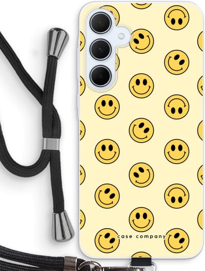 Case Company® - Hoesje met koord geschikt voor Samsung Galaxy A35 hoesje met Koord - Smiley N°2 - Telefoonhoesje met Zwart Koord - Bescherming aan alle Kanten en Over de Schermrand