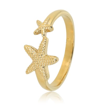 My Bendel - Goudkleurige Ring met Twee Zeesterren - Goudkleurige Ring - Twee Goudkleurige Zeesterren - Zomerse Look - met Luxe Cadeauverpakking | Sieraden Voor Dames | Maat 16.00 Mm / Maat 50