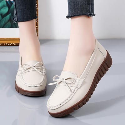Herfst Lente Leer Erwtenschoenen Dames Moederschoenen Dames Flats Schuinlopende Schoenen Casual Antislip Wit Verpleegkundige Loafers Schoenen Grote maten 35 white