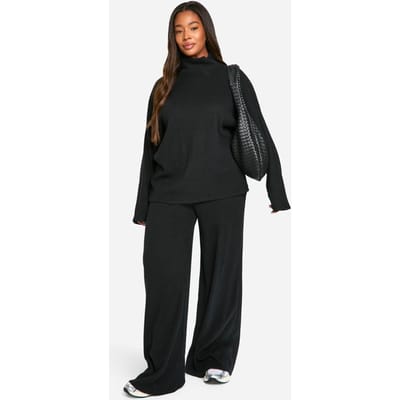 boohoo Dames Plus zachte geribbelde slouchy trui & broek met wijde pijpen | Zwart | Maat: 46