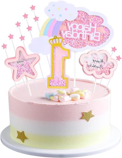 Allecto Plus - Cake Decoratie Meisjes 1e Verjaardag Regenboog Taarttopper met Wolken en Sterren Roze