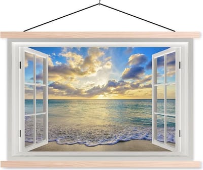 Posterhanger incl. Poster 150x100 cm - Schoolplaat - Doorkijk - Water - Zee - Textielposter - Blanke latten