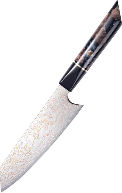 PAUDIN TI2 Professioneel Japans Gyuto Mes 18 cm - Keukenmes - Echt Damascus Staal met Koper - Sierlijk Handvat van Hout en Epoxy