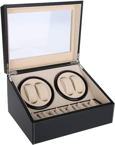 Dailygoods - Horlogeopwinder - PU Leer - Stijlvol en duurzaam - Zwart - Horlogeopslag - Voor 4 automatische horloges - 6 raster horlogeopslagbehuizing