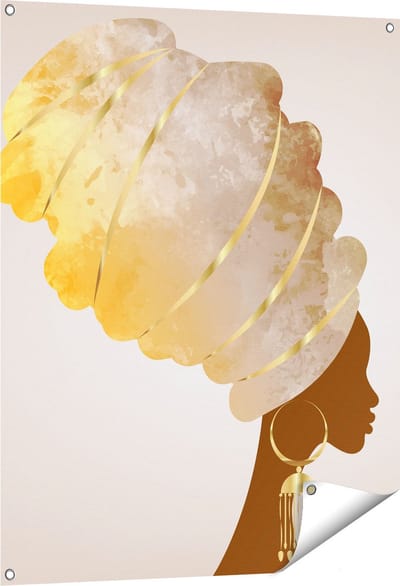 Gards Tuinposter Afrikaanse Vrouw met Gouden Tulband - 80x100 cm - Tuindoek - Tuindecoratie - Wanddecoratie buiten - Tuinschilderij