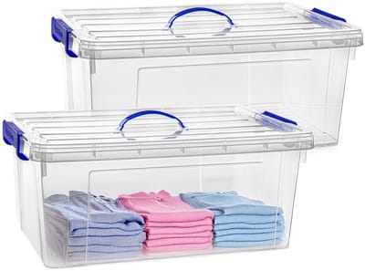 Plasticforte Opslagbox - 2x - met deksel - transparant blauw - 39 liter - 60 x 40 x 25 cm - kunststof - opbergdoos - opbergen