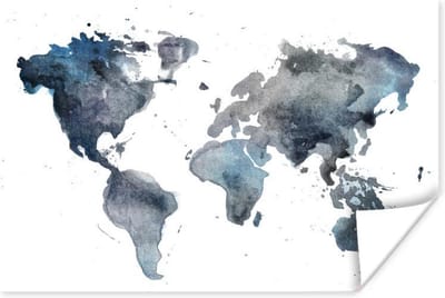 Poster 30x20 cm - Wereldkaart - Aquarel - Abstract - Posters - Kamer decoratie - Wanddecoratie woonkamer - Muurdecoratie slaapkamer