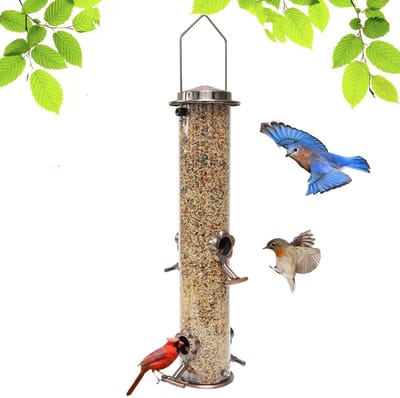 Metalen voederhuisje - Buisvormige voederhuisje - Hangende voederhuisje - Voederhuisje voor buiten - Voederhuisje voor wilde vogels - 4 voederopeningen - Geschikt voor buitenterrassen, tuinen en terrassen - Zilver