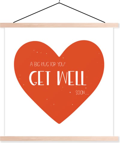 Posterhanger incl. Poster 40x40 cm - Schoolplaat - Beterschap - Spreuken - Rood - Knuffel - Textielposter - Blanke latten