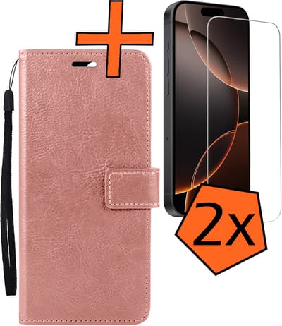 Hoes - Met 2x Screenprotector - Geschikt voor Apple iPhone 16 Pro - Luxe Pasjeshouder - Bookcase Portemonee - Flip Case - Kunstleer Book Case - Flipcase Hoes - Book Cover - Walletcase - PortemonneeHoes - Rosé goud