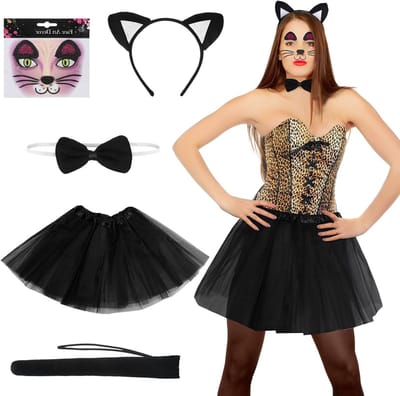 Complete Cat Costume Set met Haarband, Staart, Tutu Rok en Gezichtstickers voor Verjaardagen en Carnaval