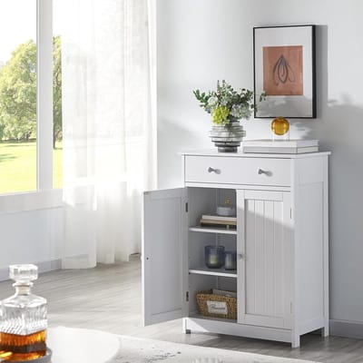 Multifunctionele Badkamerkast met Schuiflade en Dubbele Deur – Compacte Opbergkast 60x30x80 cm – Witte Badkamer-, Keuken- en Woonkamerkast – Verstelbare Plank – Mobili Bella