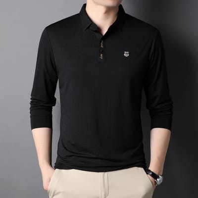 Printemps Nouvelle Mode Polo Homme Brodé Couleur Unie Ample et Simple Décontracté T-shirt Manches Longues Vêtements Homme XXL black
