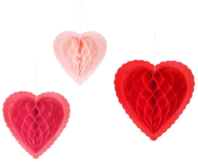 PartyDeco - Papieren honeycomb harten - 3 stuks - Valentijnsdag versiering - Valentijnsdag cadeau - valentijnsdag