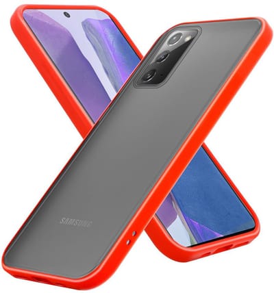 Cadorabo Hoesje geschikt voor Samsung Galaxy NOTE 20 in Mat Rood - Zwarte Knopen - Hybride beschermhoes met TPU siliconen Case Cover binnenkant en matte plastic achterkant