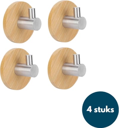 Kapstok haken hout - Bamboe hout chroom - Wandhaken - Wandkapstok - Zelfklevende haakjes - Plakhaakjes - Rond - 4 stuks