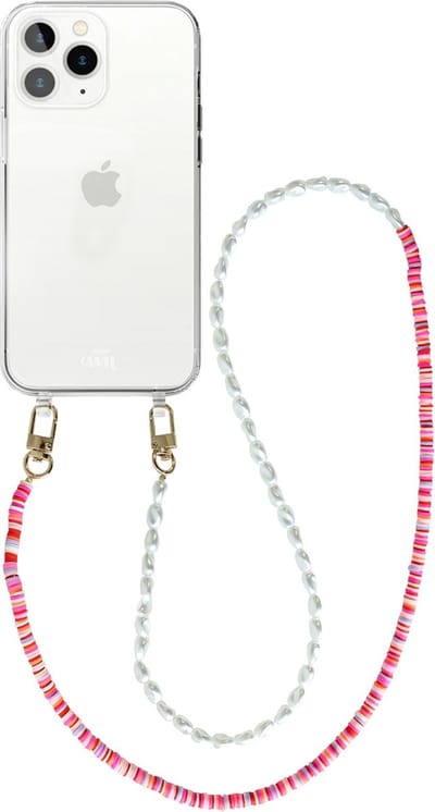 xoxo Wildhearts silicone case met koord - Transparant telefoonhoesje met koord - telefoonketting - Island Girl - long - Cord Case - geschikt voor Apple iPhone 12 Pro Max - Lange parelketting / kralenketting - Parels - Wit / Roze
