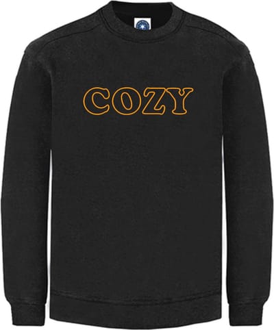Huissweater - Huistrui - Sweater - Zwart - NEON ORANJE tekst COZY - ruimzittend - LARGE Design by Eizook