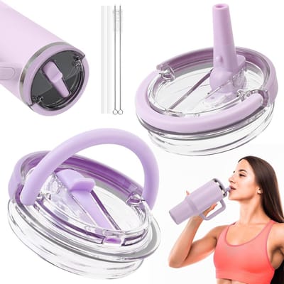 2 Stuks Tumbler Deksel voor 40 oz Drinkbeker, Vervangend Flip Straw Deksel, Herbruikbaar en Lekvrij, Inclusief 2 Rietjes en 2 Reinigingsborstels (Roze Paars)
