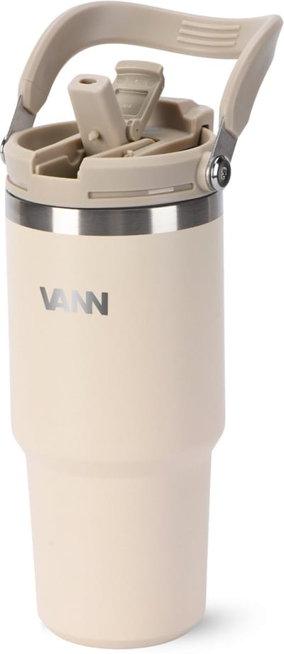 VANN® RVS Tumbler met ingebouwd rietje – Flip & Sip – Isolerende Drinkbeker met rietje en deksel – 24 uur ijsblokjes – Flow Tumbler – Soft Sand