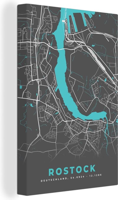 Canvas Schilderij Blauw – Duitsland – Plattegrond – Stadskaart – Kaart – Rostock - 20x30 cm - Wanddecoratie