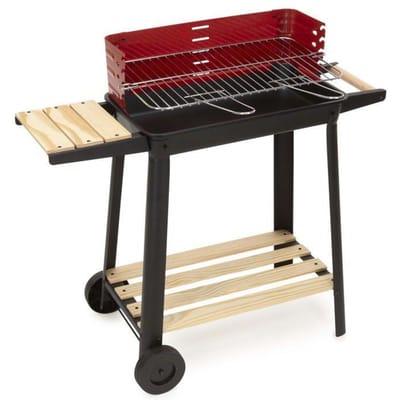 Springos Houtskool barbecue -Op Wielen - BBQ - Asopvangbak - Kunststof - RVS - Zwart - Rood - Houtlook - 6 Standen