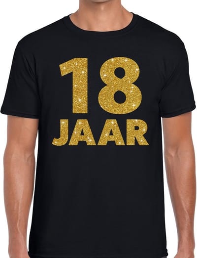 18 jaar gouden glitter tekst t-shirt zwart heren - heren shirt 18 jaar - verjaardag kleding S