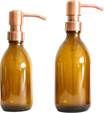 Groeikruid® Zeeppompjes Set 200 ml + 300 ml | Glazen Zeepdispensers | Vrijstaand en Hervulbaar | Amber Glas met RVS Pompkop | Koper