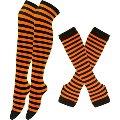 1 Set Dames Meisjes Over de Knie Lange Gestreepte Dijhoge Katoenen Sokken Armwarmers Handschoenen Zoet Schattig Grote Maat Overknee Sokken One Size black