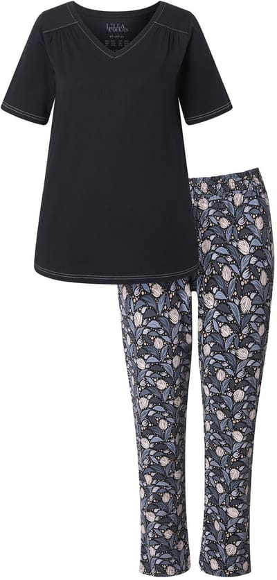 Ulla Popken - Dames - Pyjama bladeren V-hals korte mouw - Zwart - Maat 46+