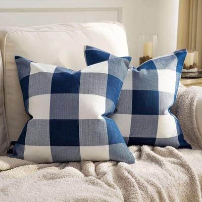 Kussenhoezen Set - Plaid Kussenslopen - Woonkamer Decoratie - Dubbelzijdig Geruit Ontwerp - 50 x 50 cm - Donkerblauw