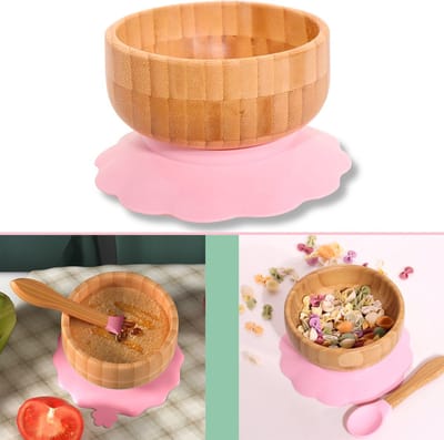 Intirilife Baby Bamboe Komenset Bamboe Kom met Zuignap en Lepel in Roze - Voor het eten en voeden van baby's en peuters