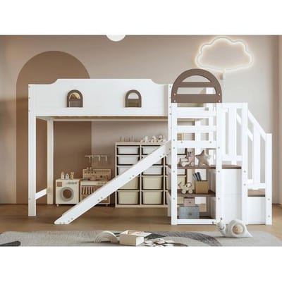 ModernLuxe Hoogslaper 90x200 cm - met raam - met glijbaan - trap met leuning - massief hout + MDF - wit + bruin