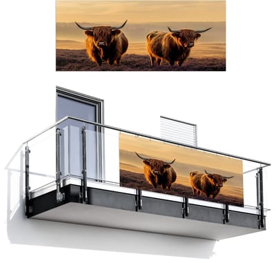 Balkonscherm 300x120 cm - Balkonposter Schotse hooglanders - Heide - Landschap - Dieren - Balkon scherm decoratie - Balkonschermen - Balkondoek zonnescherm
