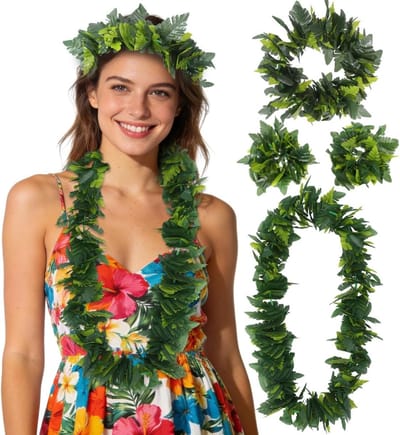 Hawaiiaanse Luau kostuumset met tropische bladeren slingers, hoofdband en armbanden voor een feestelijk zomerfeest op het strand