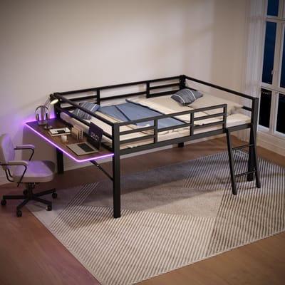 Sweiko Halfhoogslaper 140 x 200 cm, bureau, LED-lichtlijst, zonder matras, zwart