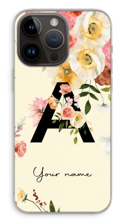 Gepersonaliseerd - Case Company® - Hoesje geschikt voor iPhone 14 Pro Max hoesje - Flirty Flowers Monogram - Soft Cover Telefoonhoesje - Bescherming aan alle Kanten en Schermrand