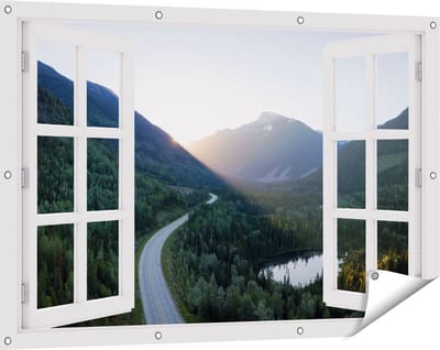 Gards Tuinposter Doorkijk Weg Door het Bergen Landschap - 120x80 cm - Tuindoek - Tuindecoratie - Wanddecoratie buiten - Tuinschilderij