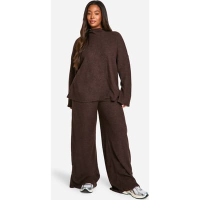 boohoo Dames Plus Soft Rib Slouchy Trui & Wijde Broek | Chocoladebruin | Maat: 44