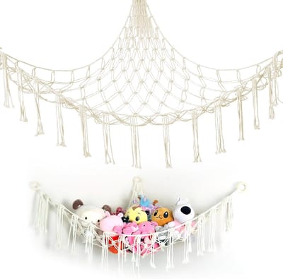 Famanu – Hangend knuffeldier opbergnet – Boho macramé stijl – Voor kinderkamer en speelgoedopslag