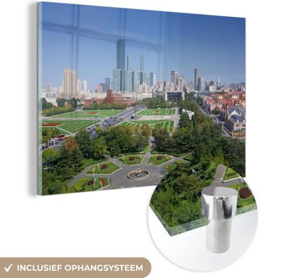® Glasschilderij 180x120 cm - Schilderij acrylglas - Stadsgezicht van de Chinese stad Dalian - Foto op glas - Muurdecoratie woonkamer - Wanddecoratie slaapkamer - Schilderijen