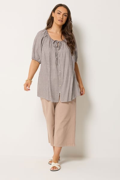 Yours Bruine Blouse Met Gestreepte Print En Pofmouwen Size 42