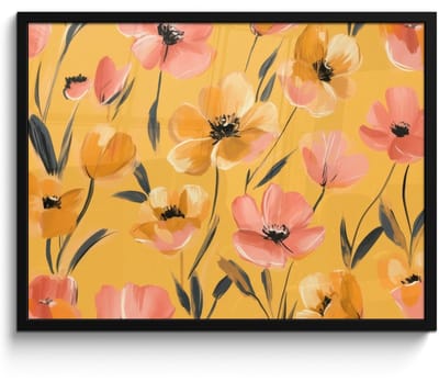 Poster in lijst - Fotolijst 70x50 cm - Posters - Bloemen - Geschilderd - Geel - Posterlijst zwart - Decoratie - Wanddecoratie woonkamer - Muurdecoratie slaapkamer