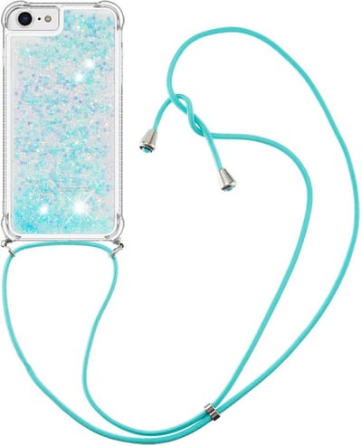Coverup Hoesje - Geschikt voor iPhone SE (2022/2020), iPhone 8 / 7 Hoesje - Coverup Liquid Glitter Back Cover met Koord - Lichtblauw
