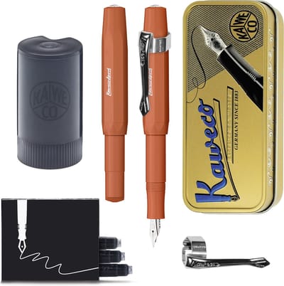 Kaweco - Cadeauset - (5delig) - Vulpen Sport Skyline FOX Fountain Pen - Extra Fine - Vintage blikje - Nostalgic Octagonal Clip Chrome - Gevulde Inkt Patronen houder - Doosje Vullingen