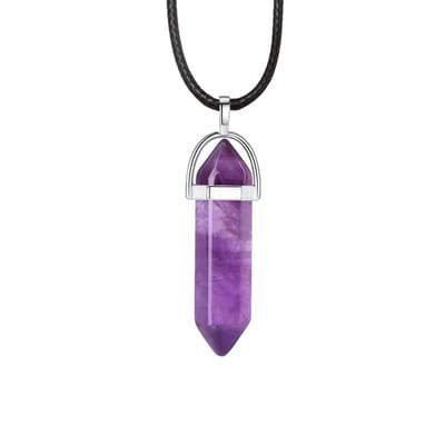Bixorp Gems Amethist Hanger aan Faux Leren Koord - Edelsteen Ketting - Edelstenen Staafje met Stainless Steel omhuizing - 45/50cm Damesketting