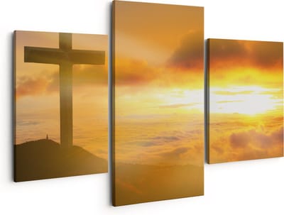 Artaza Canvas Schilderij Drieluik Kruis van Jezus Christus bij Zonsondergang - 150x120 - Groot - Foto Op Canvas - Canvas Print