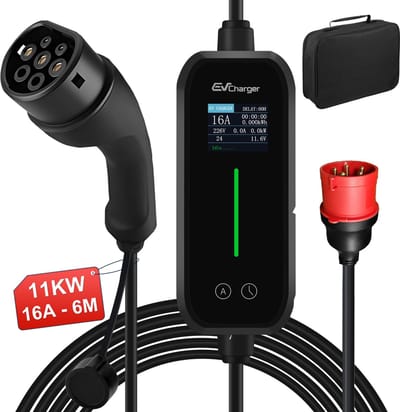 JUNSUN Draagbare 11kW 16A 3-Fase EV Laadkabel - Type 2 Laadpaal met App/WiFi Bediening, 6M Kabel + LCD Scherm & Opbergtas - 6A/8A/10A/13A/16A Schakelbaar - IEC62196-2 & IP65 Zwart