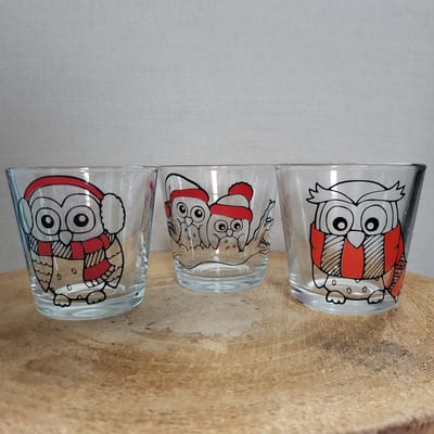 Set van 3 Theelichtjes - Kerst - Helder glas - Uiltjes